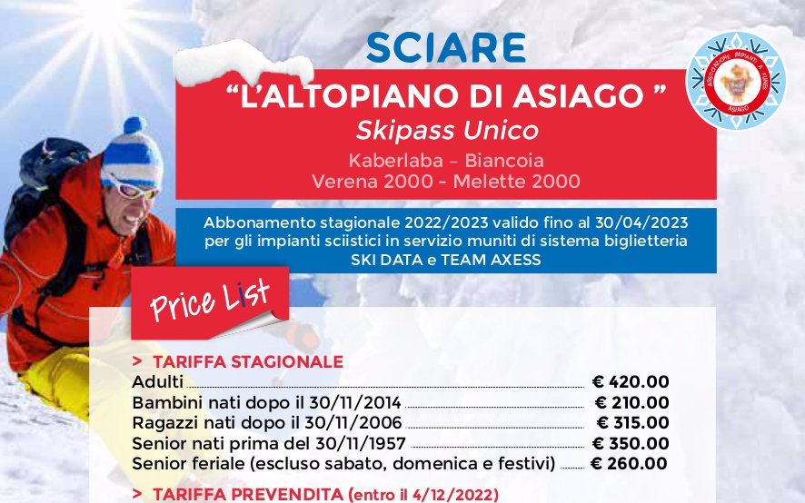 skipass unico altopiano di asiago 2022 2023 prezzi